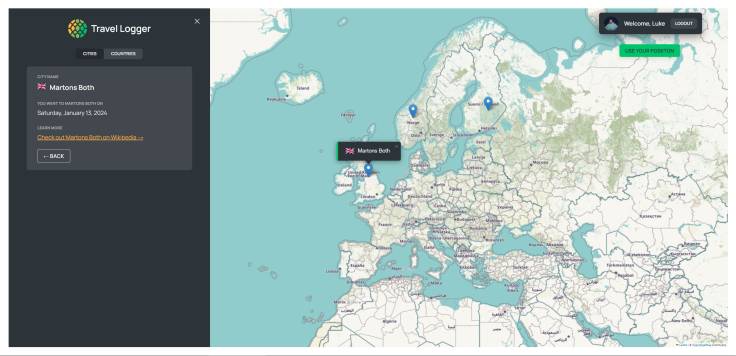 Cities view of travel logger website